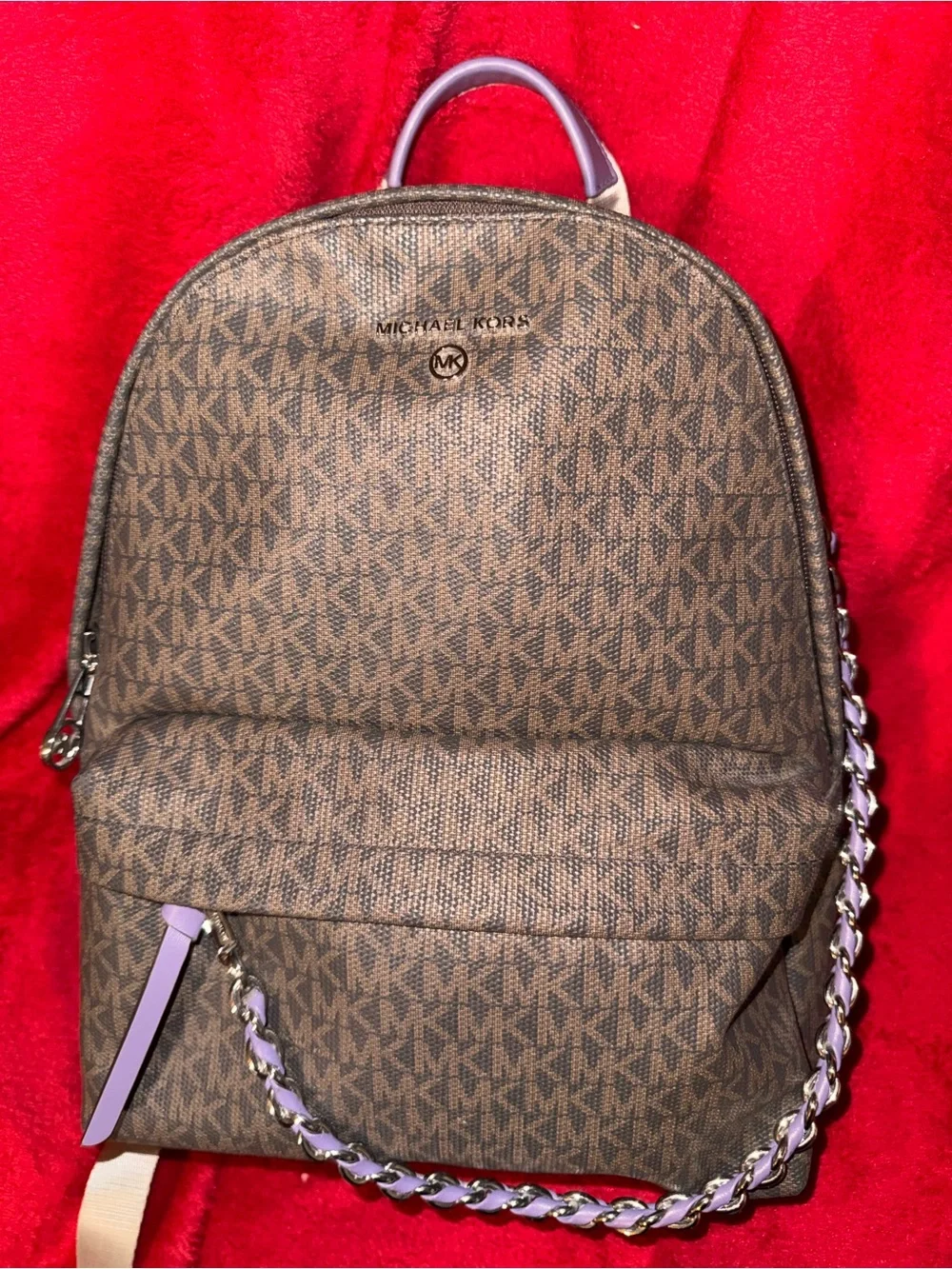 Michael Kors Brown Monogram Chain-Accent Backpack